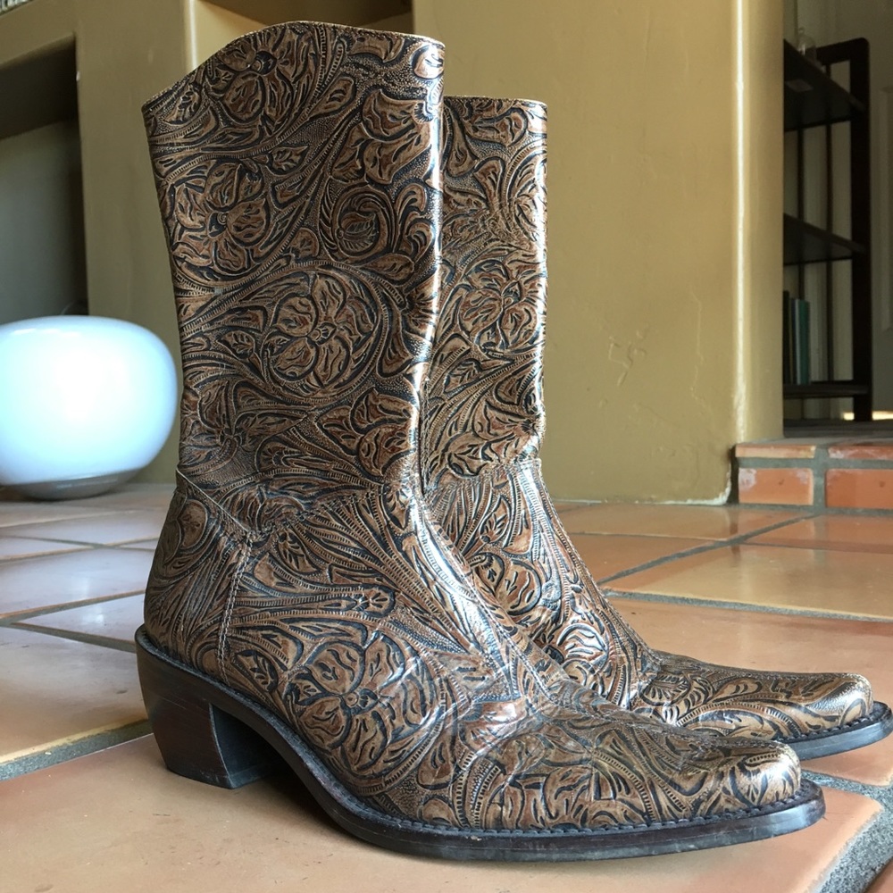 Tooled Brown Western Boots